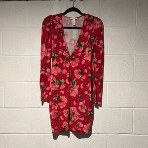H&M Red Floral V-Neck Mini Dress